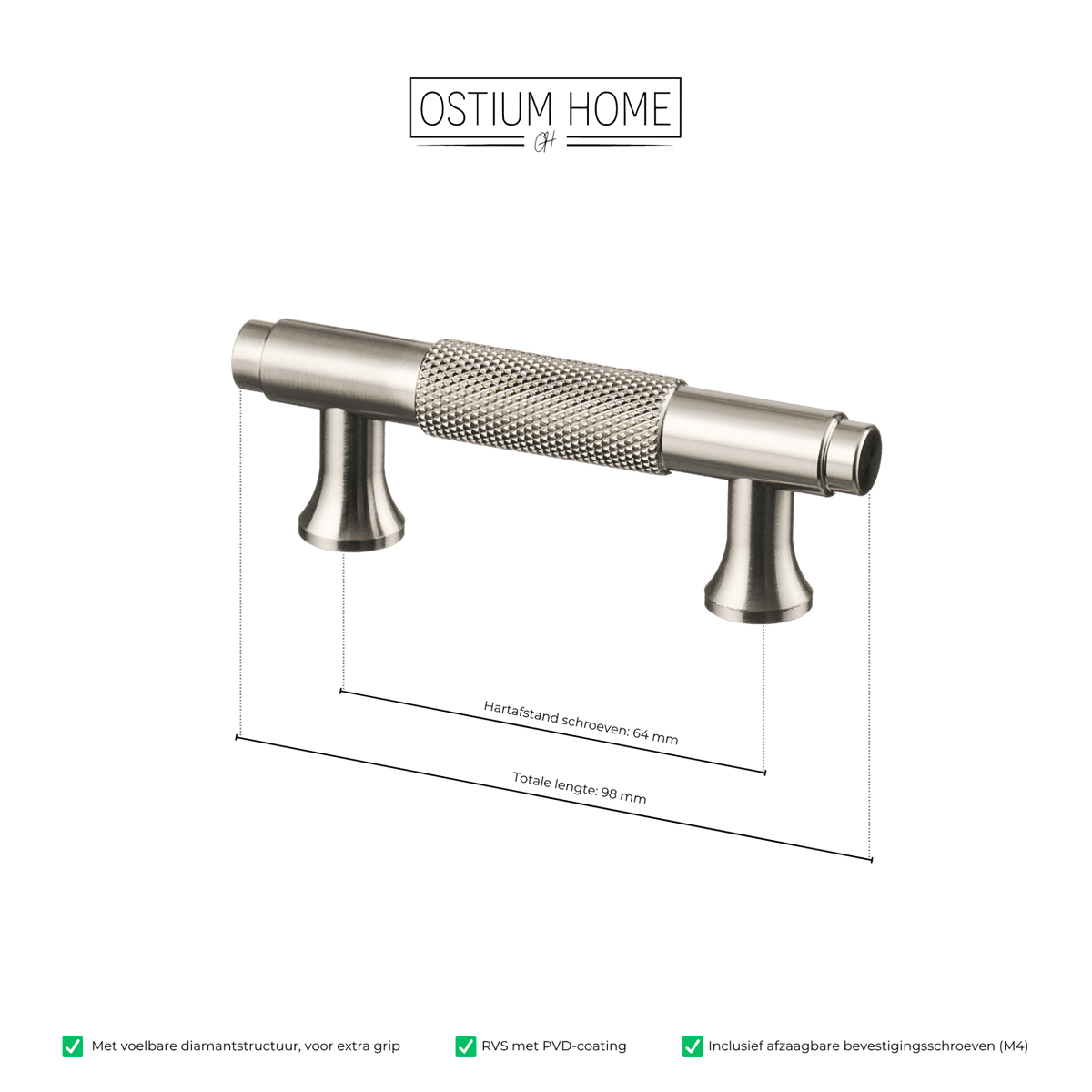 Maattekening van meubelgreep in RVS met diamond cut structuur, hartafstand 64 mm, lengte 98 mm