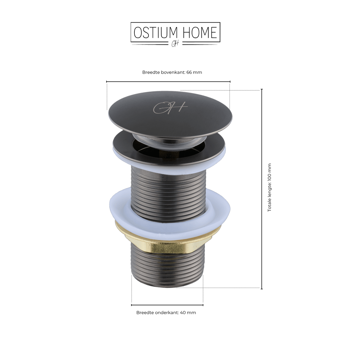 Maattekening van afvoerplug Flusso in gun metal met overloop