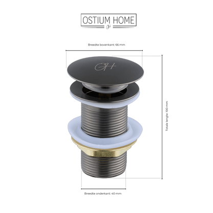 Maattekening van afvoerplug Flusso in gun metal met overloop
