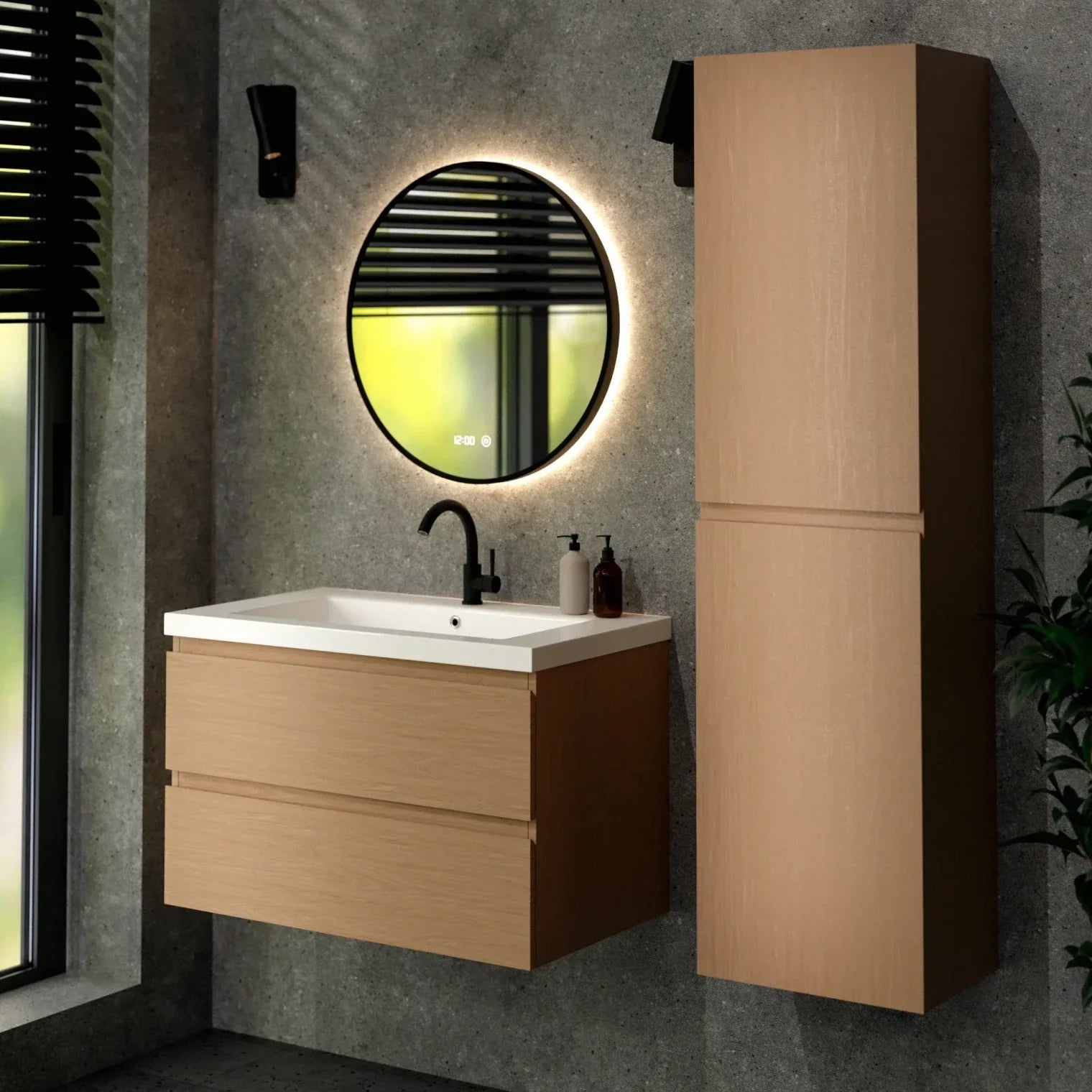Badkamermeubelset Amara 80cm - Licht Eiken - Wastafel Wit - WDtegels