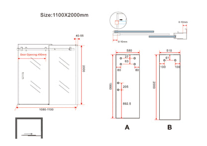 Maattekening Slide nis schuifdeur 110x200cm 8mm Nano helder glas Mat zwart
