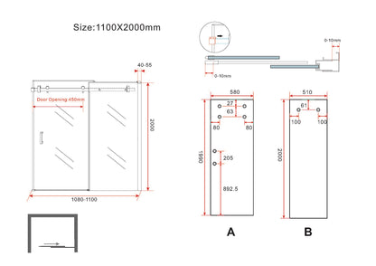 Maattekening Slide nis schuifdeur 110x200cm 8mm Nano helder glas Chroom