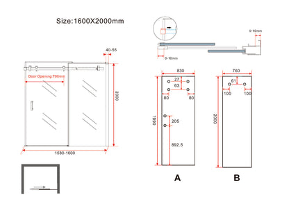 Maattekening Slide nis schuifdeur 160x200cm 8mm Nano helder glas Chroom