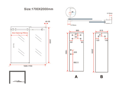 Maattekening Slide nis schuifdeur 170x200cm 8mm Nano helder glas Chroom