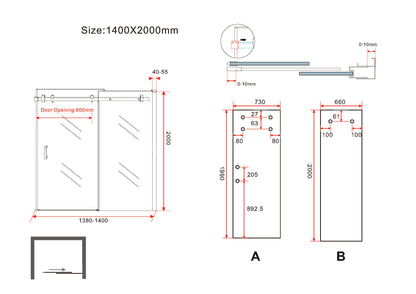 Slide niche sliding door 1400 x 2000 x 8 mm nano clear glass/matte black