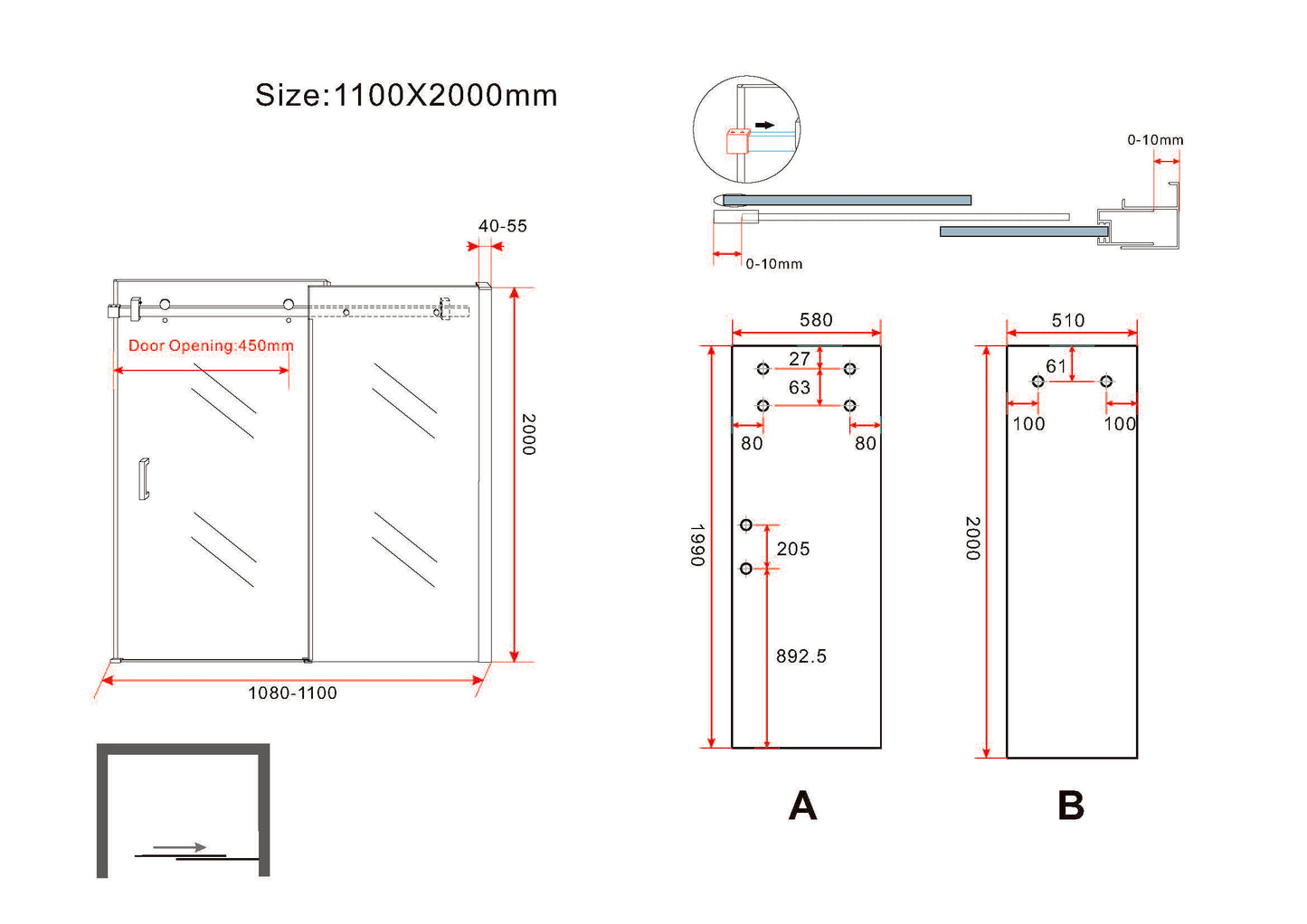 Puerta corredera de nicho deslizante 1100 x 2000 x 8 mm vidrio nano transparente/negro mate