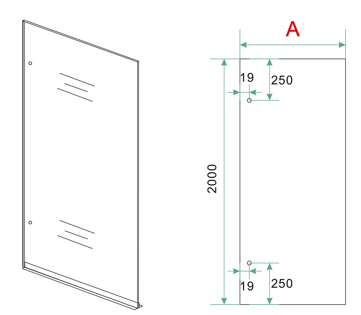 Maattekening Less inloopdouche 100x200cm 8mm Nano rookglas Geborsteld messing