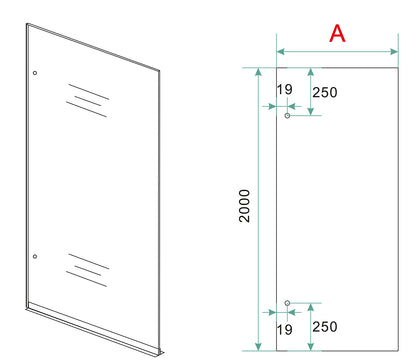 Maattekening Less inloopdouche 100x200cm 8mm Nano rookglas Geborsteld messing