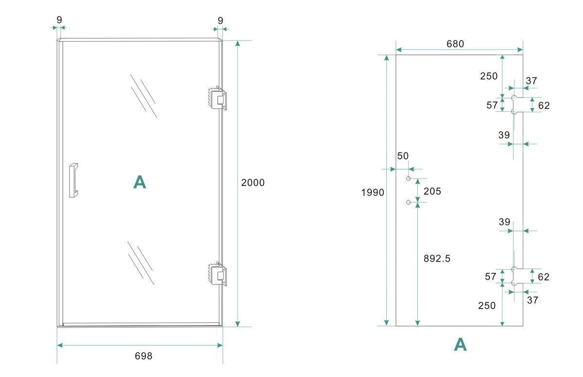Less nisdeur rechts | 70x200x0.8cm | Nano spiegelrook- naar helder glas/geborsteld messing - WDtegels