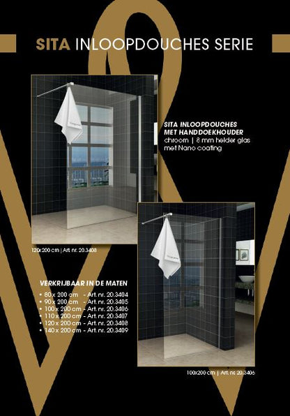 Sita inloopdouche met handdoekhouder 100x200 cm chroom/8 mm helder glas met Nano coating - WDtegels