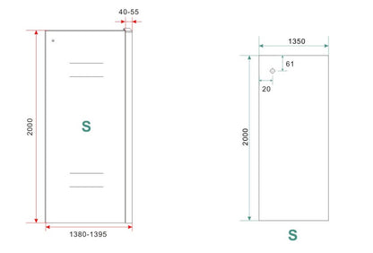 Maattekening Sita inloopdouche met handdoekhouder 140x200cm 8mm Nano helder glas Chroom