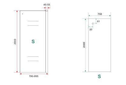 Maattekening Sita inloopdouche met handdoekhouder 80x200cm 8mm Nano helder glas Chroom