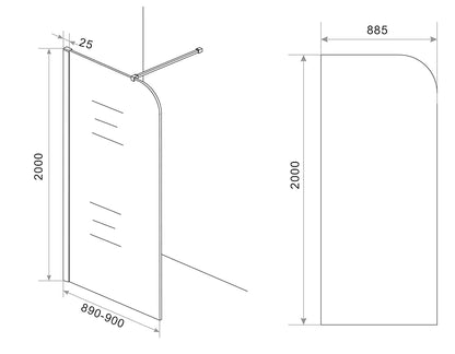 Maattekening Curvea inloopdouche 90x200cm 8mm Nano helder glas