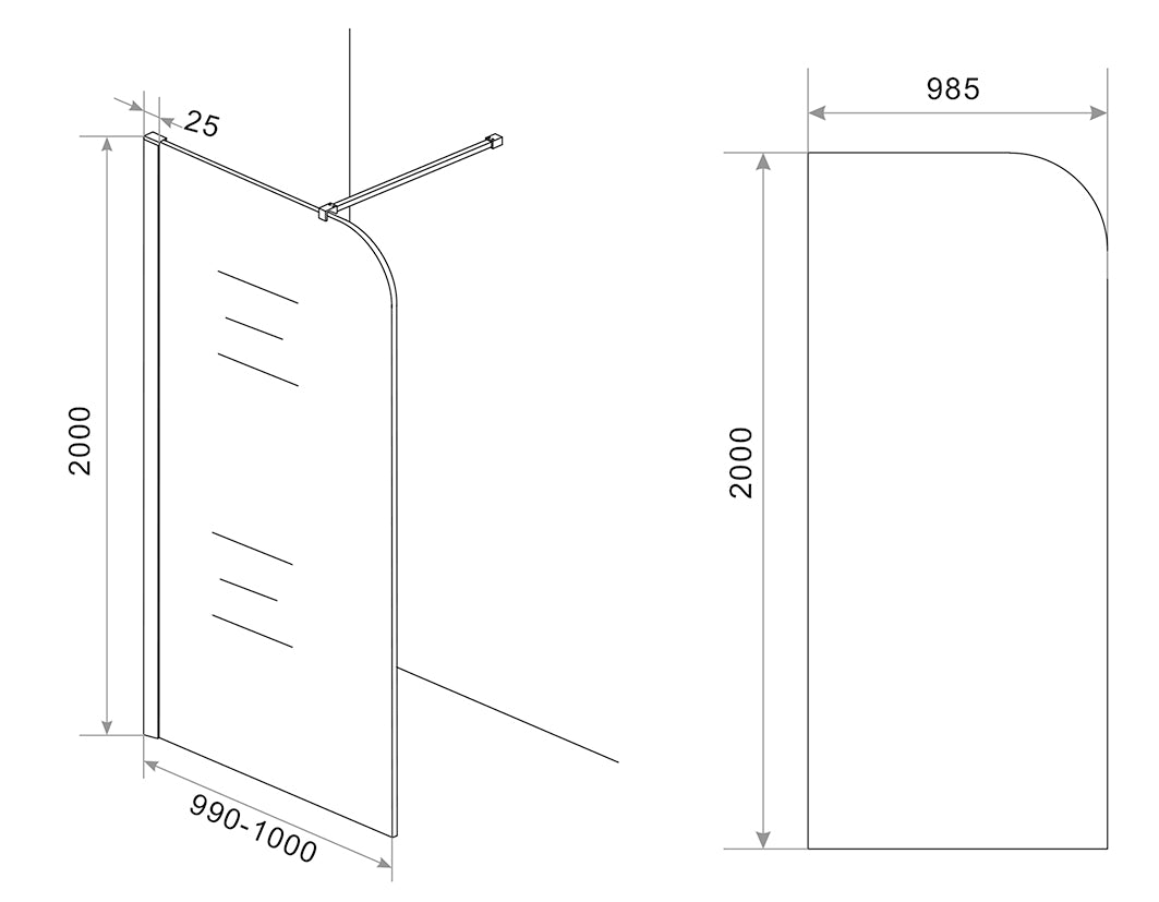 Maattekening Curvea inloopdouche 100x200cm 8mm Nano helder glas