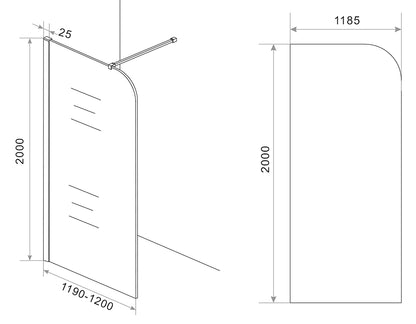 Maattekening Curvea inloopdouche 120x200cm 8mm Nano helder glas