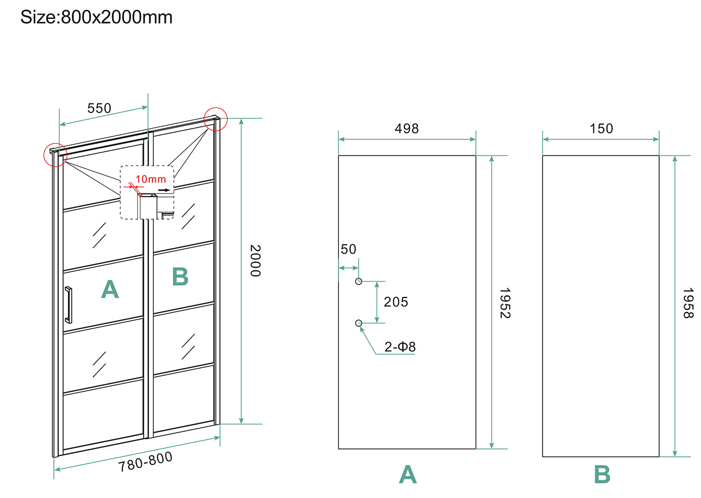 Horizon nisdeur met vast deel en raster | 80x200x0.8cm | Nano helder glas/mat zwart - WDtegels