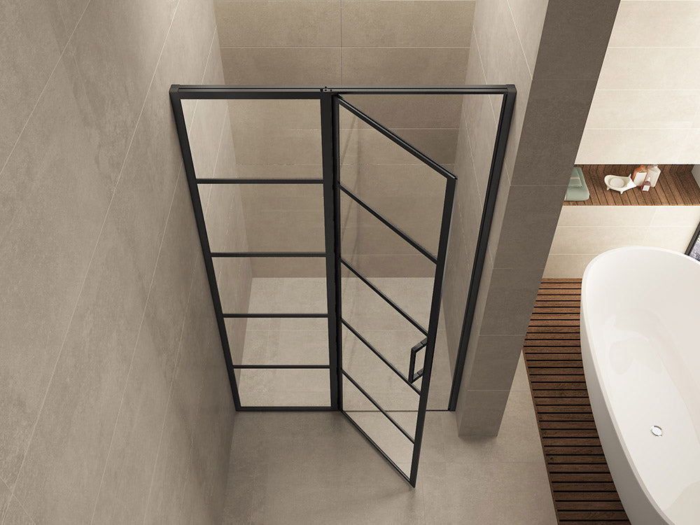 Horizon nisdeur met vast deel en raster 800 x 2000 x 8mm nano helder glas/mat zwart - WDtegels