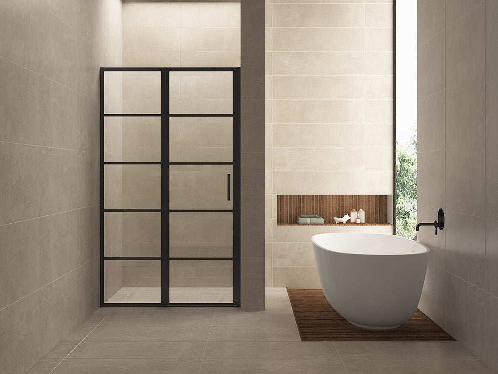 Horizon nisdeur met vast deel en raster 800 x 2000 x 8mm nano helder glas/mat zwart - WDtegels