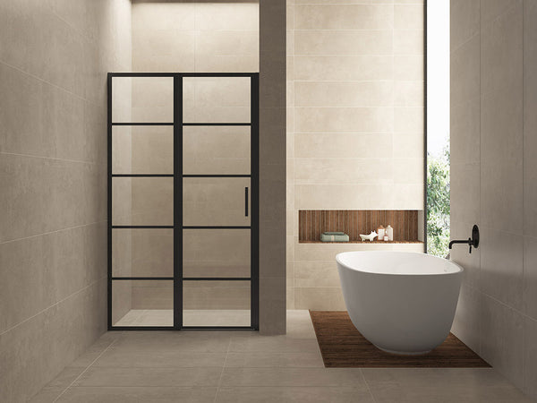Puerta de nicho Horizon con panel fijo y rejilla | 80x200x0.8cm | Cristal claro Nano/negro mate