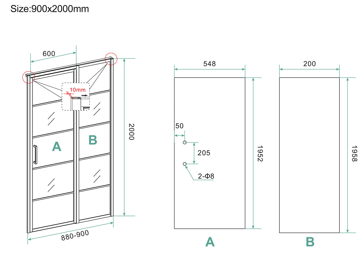 Horizon nisdeur met vast deel en raster | 90x200x0.8cm | Nano helder glas/mat zwart - WDtegels