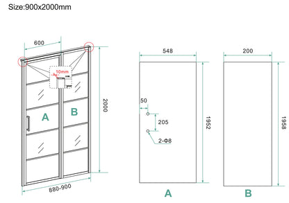 Horizon nisdeur met vast deel en raster | 90x200x0.8cm | Nano helder glas/mat zwart - WDtegels