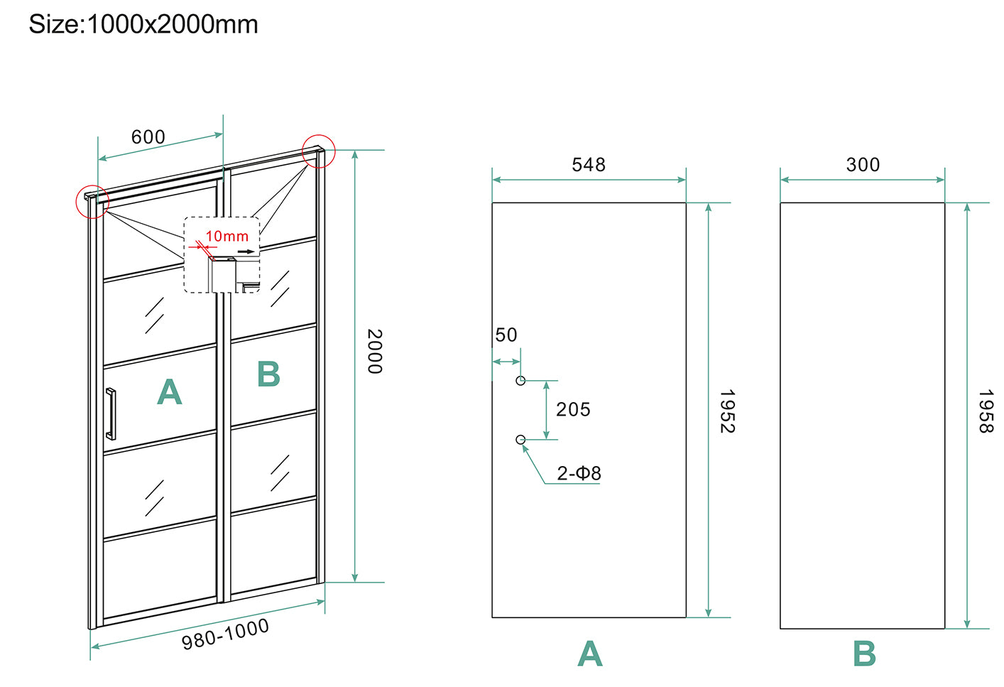 Horizon nisdeur met vast deel en raster | 100x200x0.8cm | Nano helder glas/mat zwart - WDtegels