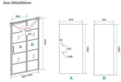 Horizon nisdeur met vast deel en raster | 100x200x0.8cm | Nano helder glas/mat zwart - WDtegels