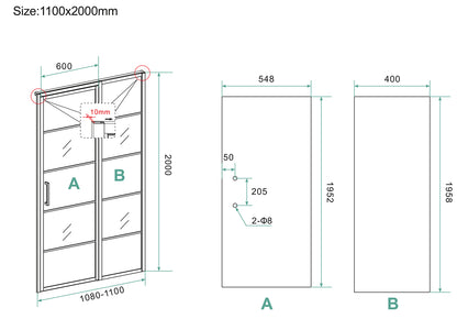 Horizon nisdeur met vast deel en raster | 110x200x0.8cm | Nano helder glas/mat zwart - WDtegels