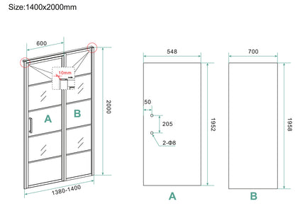 Horizon nisdeur met vast deel en raster | 140x200x0.8cm | Nano helder glas/mat zwart - WDtegels