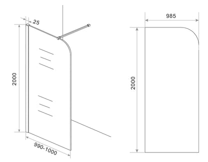 Maattekening Curvea inloopdouche 100x200cm 8mm Nano vintage brons glas