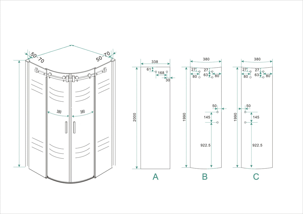 Maattekening Entra douchecabine kwartrond met 2 schuifdeuren 90x90x200cm 8mm Nano helder glas Chroom