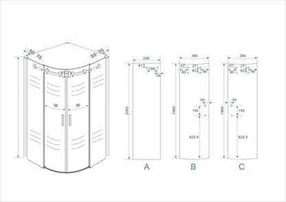 Maattekening Entra douchecabine kwartrond met 2 schuifdeuren 90x90x200cm 8mm Nano helder glas Chroom