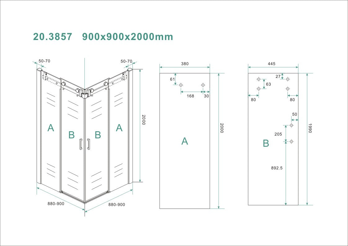 Maattekening Entra douchecabine hoekinstap met 2 schuifdeuren 90x90x200cm 8mm Nano helder glas Chroom
