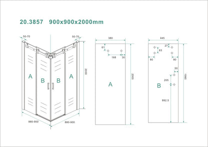 Maattekening Entra douchecabine hoekinstap met 2 schuifdeuren 90x90x200cm 8mm Nano helder glas Chroom