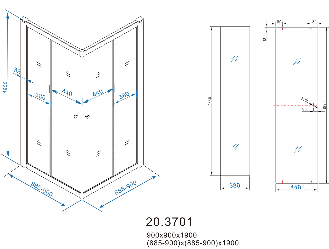 Eco hoekinstap douchecabine | 2 schuifdeuren | 90x90x190cm | 5 mm nano helder glas/chroom - WDtegels