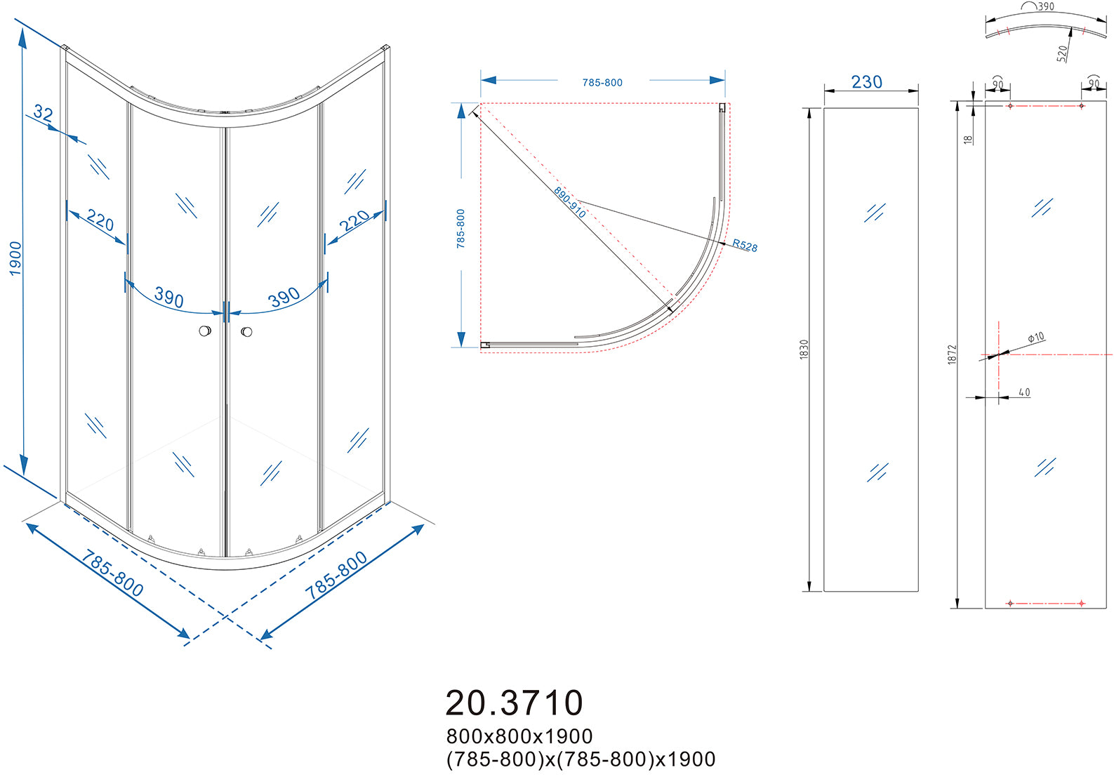 Eco kwartronde douchecabine | 2 schuifdeuren | 80x80x190cm | 5 mm nano helder glas/chroom - WDtegels