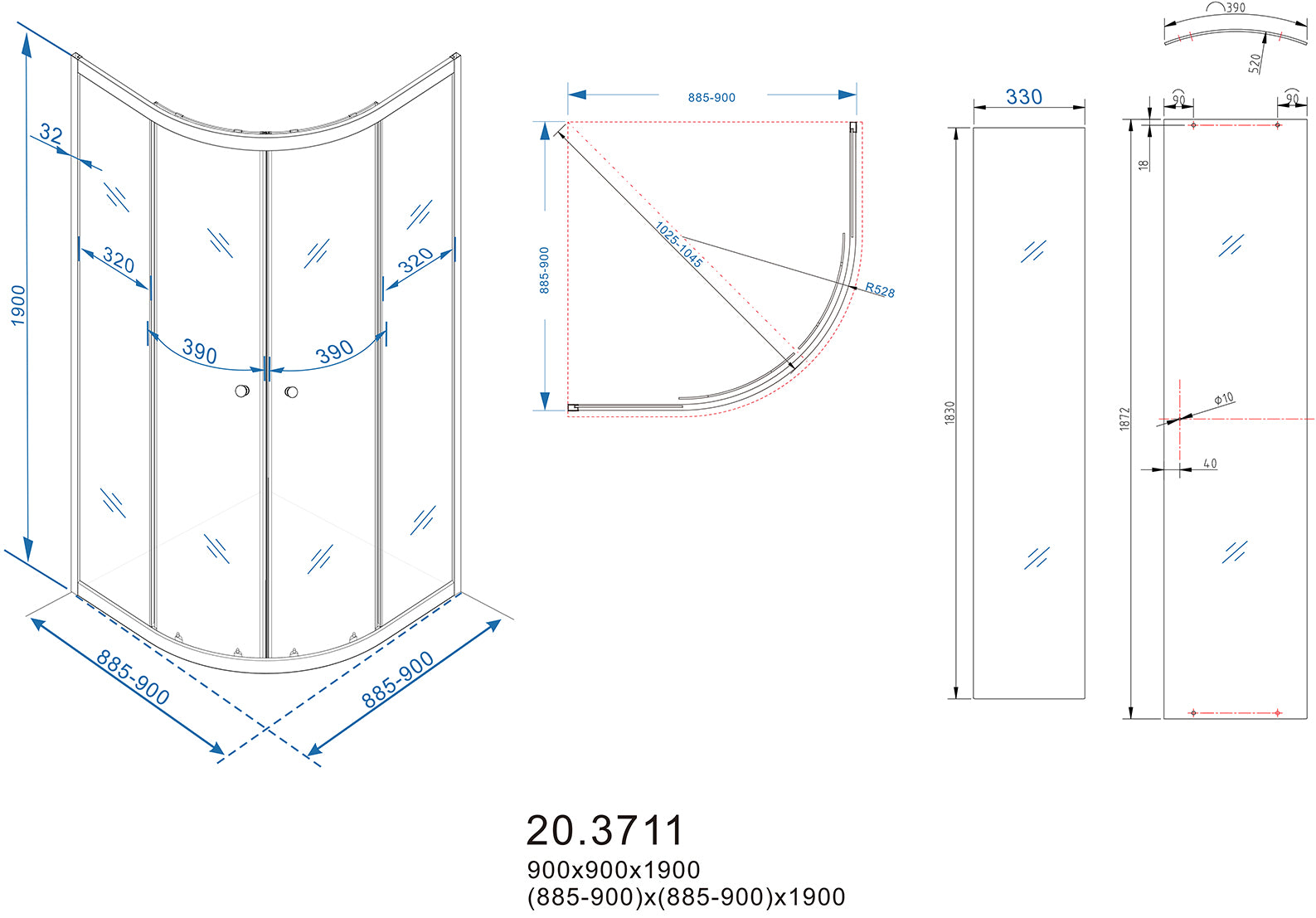 Eco kwartronde douchecabine | 2 schuifdeuren | 90x90x190cm | 5 mm nano helder glas/chroom - WDtegels
