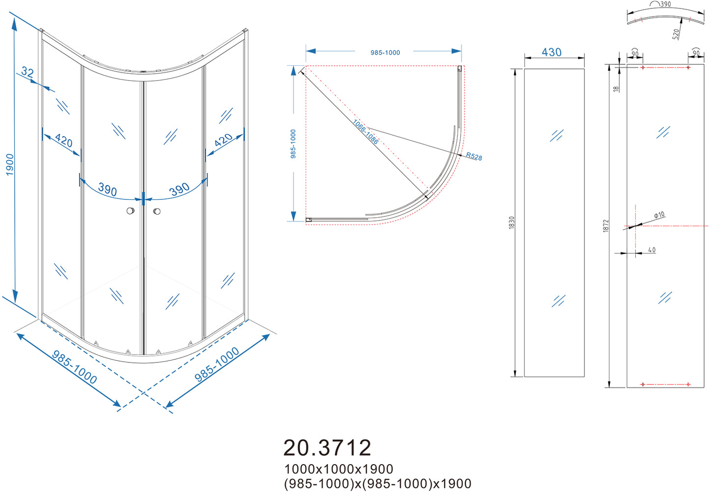 Eco kwartronde douchecabine | 2 schuifdeuren | 100x100x190cm | Nano helder glas/chroom - WDtegels