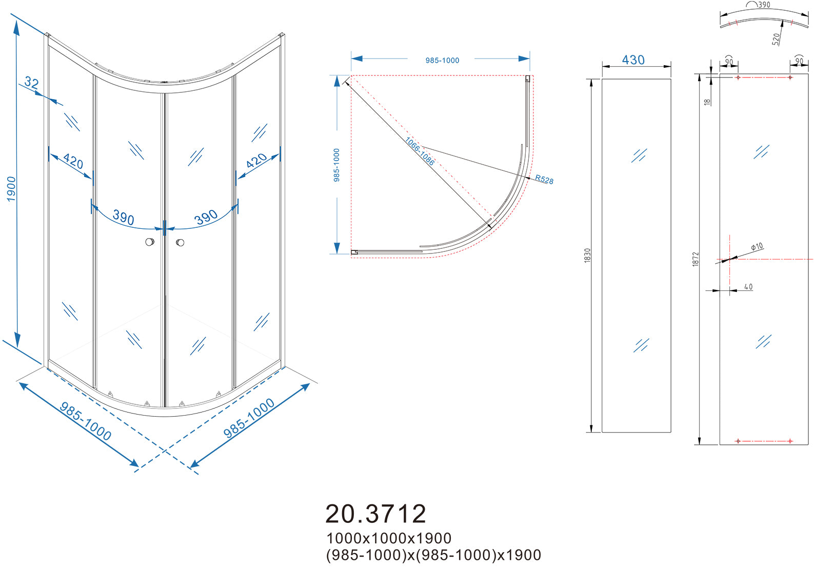 Eco kwartronde douchecabine | 2 schuifdeuren | 100x100x190cm | Nano helder glas/chroom - WDtegels