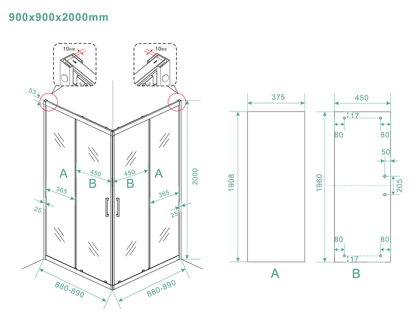 Skyline hoekinstap douchecabine | 2 schuifdeuren | 90x90x200cm | 8 mm nano helder glas/mat zwart - WDtegels