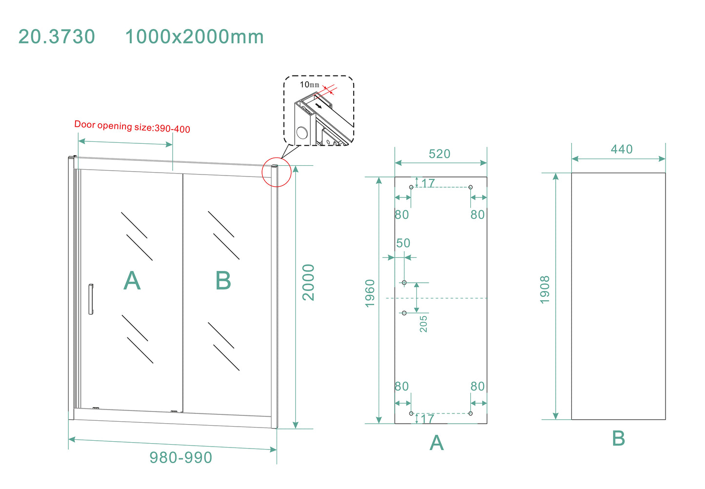 Skyline niche sliding door 1000 x 2000 x 8 mm nano clear glass/matte black
