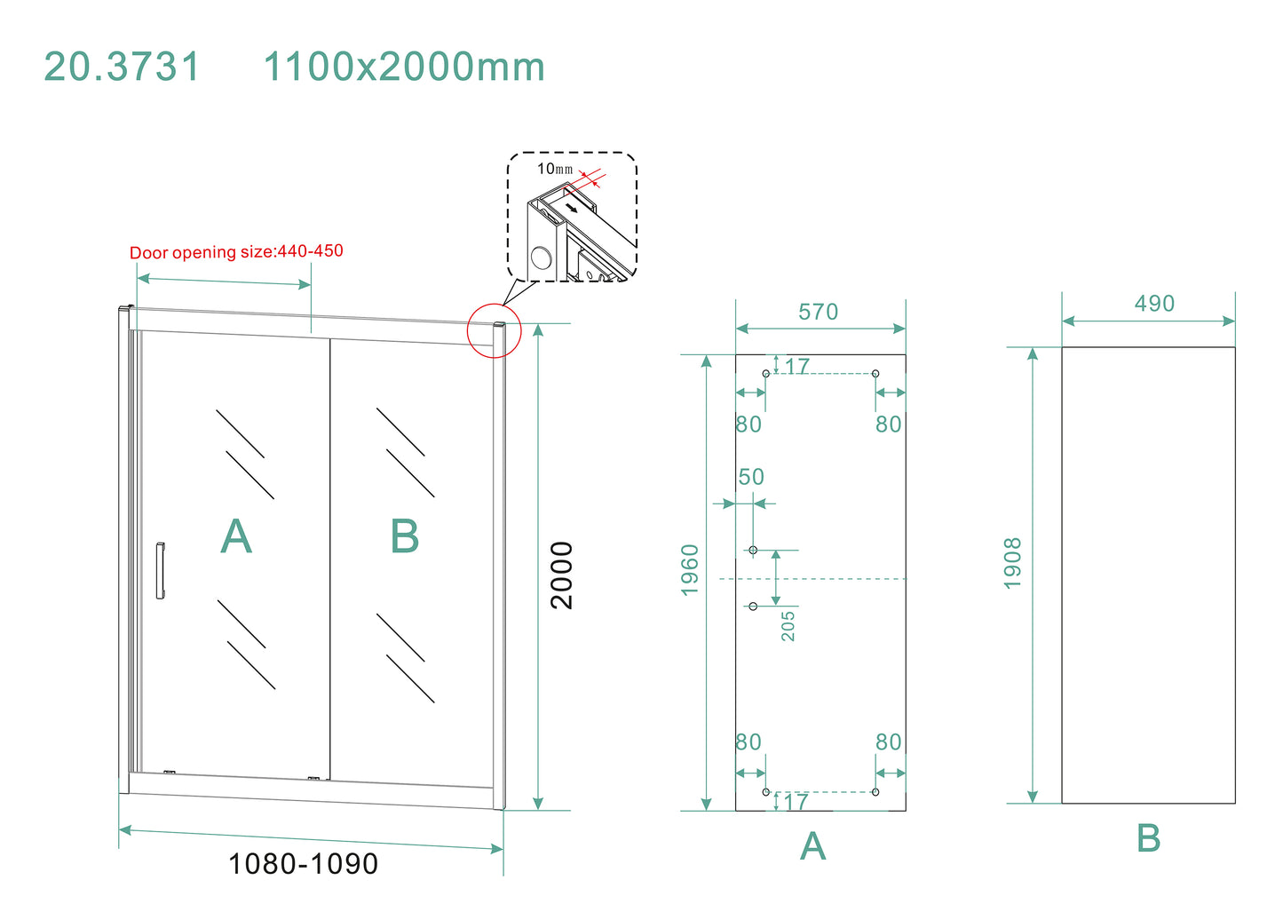 Skyline niche sliding door 1100 x 2000 x 8 mm nano clear glass/matte black