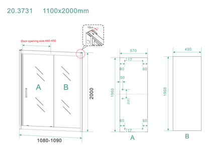 Skyline niche sliding door 1100 x 2000 x 8 mm nano clear glass/matte black