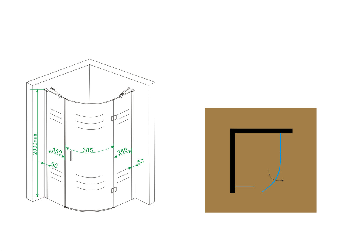 Maattekening Curf douchecabine kwartrond met 1 draaideur rechts 90x90x200cm 8mm helder glas Chroom