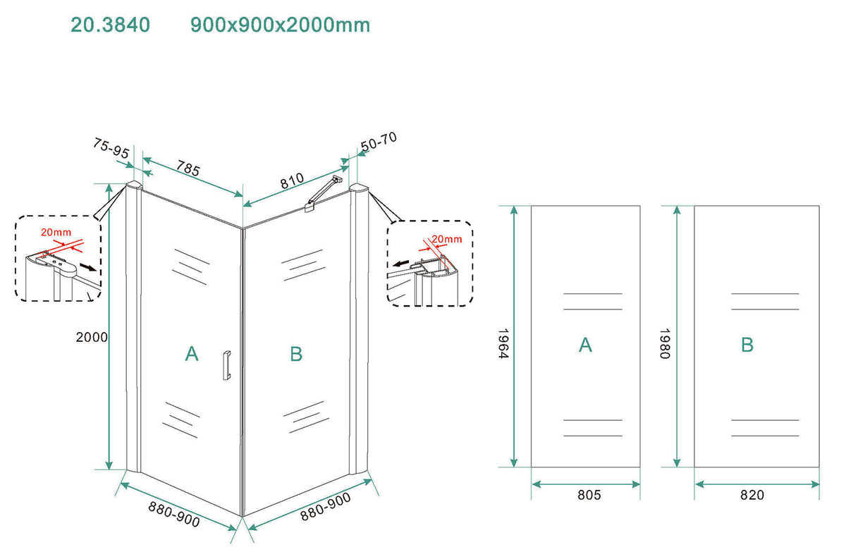Maattekening Salone douchecabine met 1 draaideur 90x90x200cm 8mm Nano helder glas Chroom