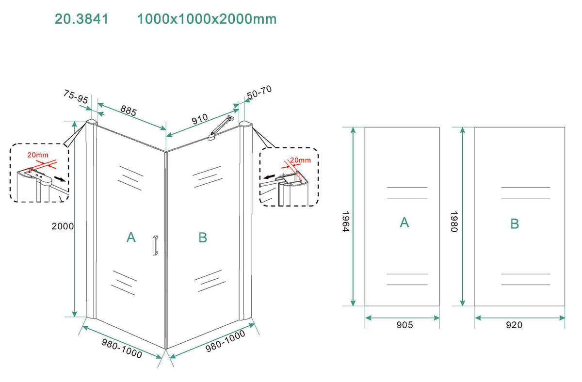 Maattekening Salone douchecabine met 1 draaideur 100x100x200cm 8mm Nano helder glas Chroom