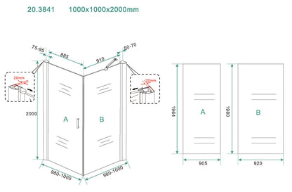 Maattekening Salone douchecabine met 1 draaideur 100x100x200cm 8mm Nano helder glas Chroom