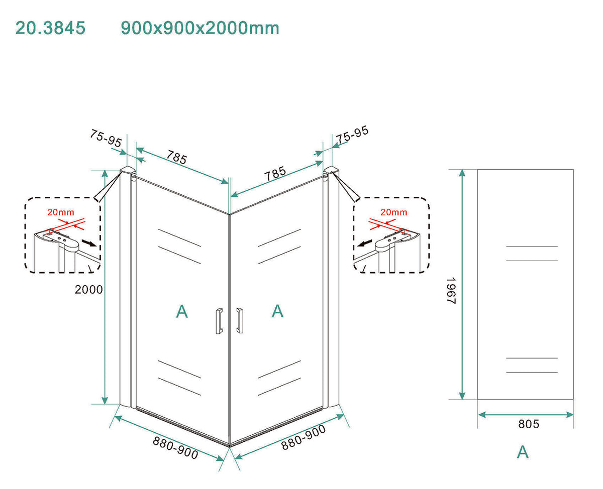 Maattekening Salone douchecabine met 2 draaideuren 90x90x200cm 8mm Nano helder glas Chroom