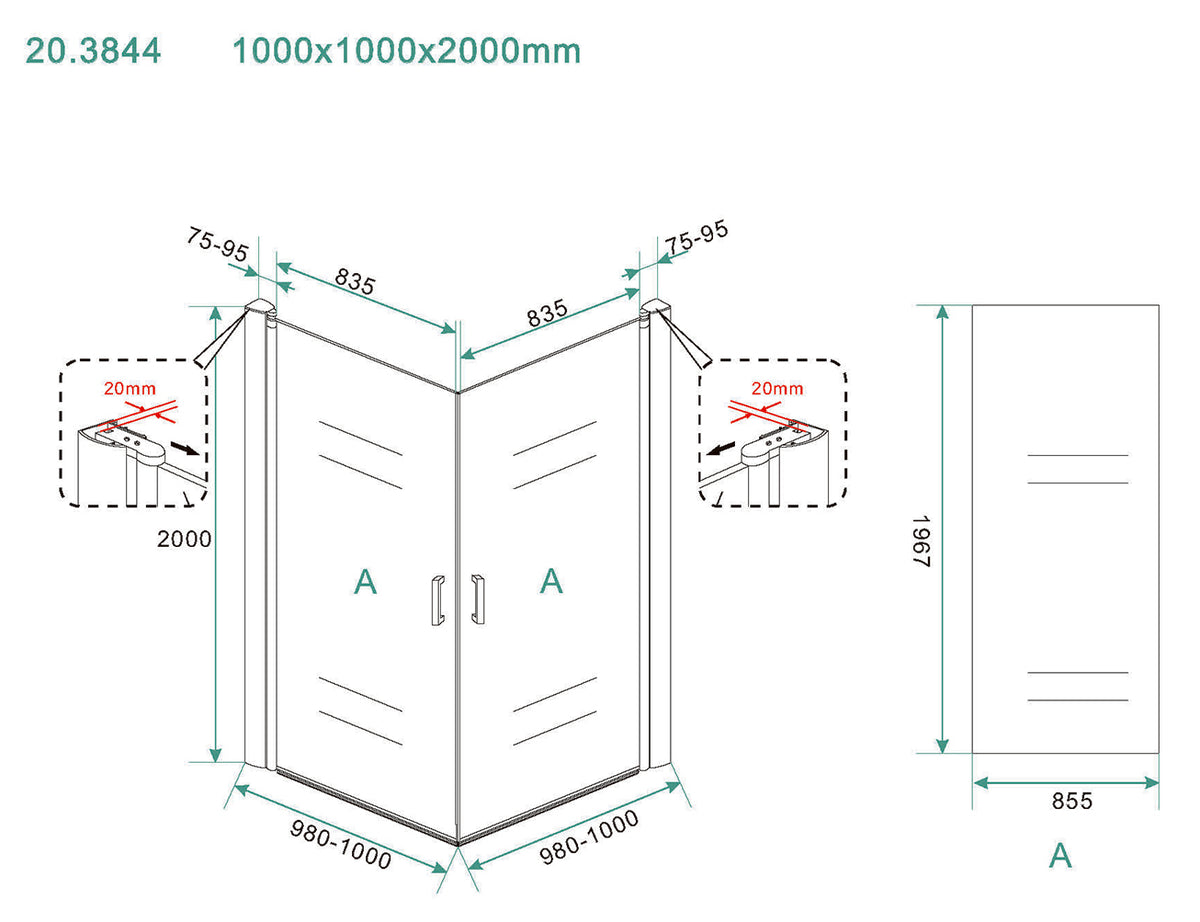 Maattekening Salone douchecabine met 2 draaideuren 100x100x200cm 8mm Nano helder glas Chroom