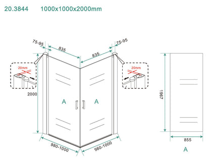 Maattekening Salone douchecabine met 2 draaideuren 100x100x200cm 8mm Nano helder glas Chroom